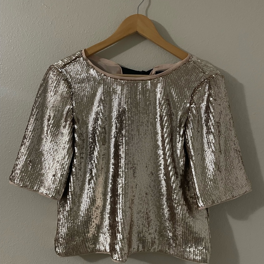 J Crew Rose Gold Sequin Top with Black Bows in back | Size 00 |
